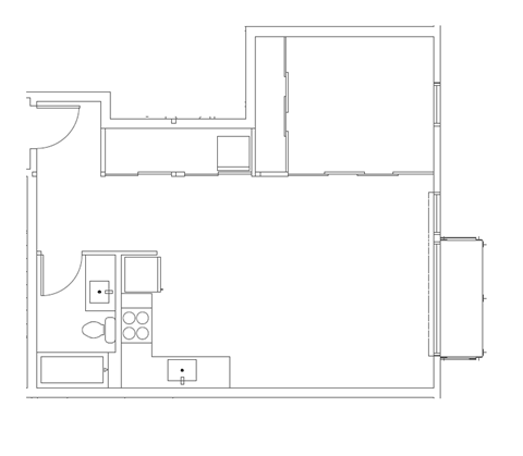 A floor plan of a house with a kitchen, living room, and two bedrooms.